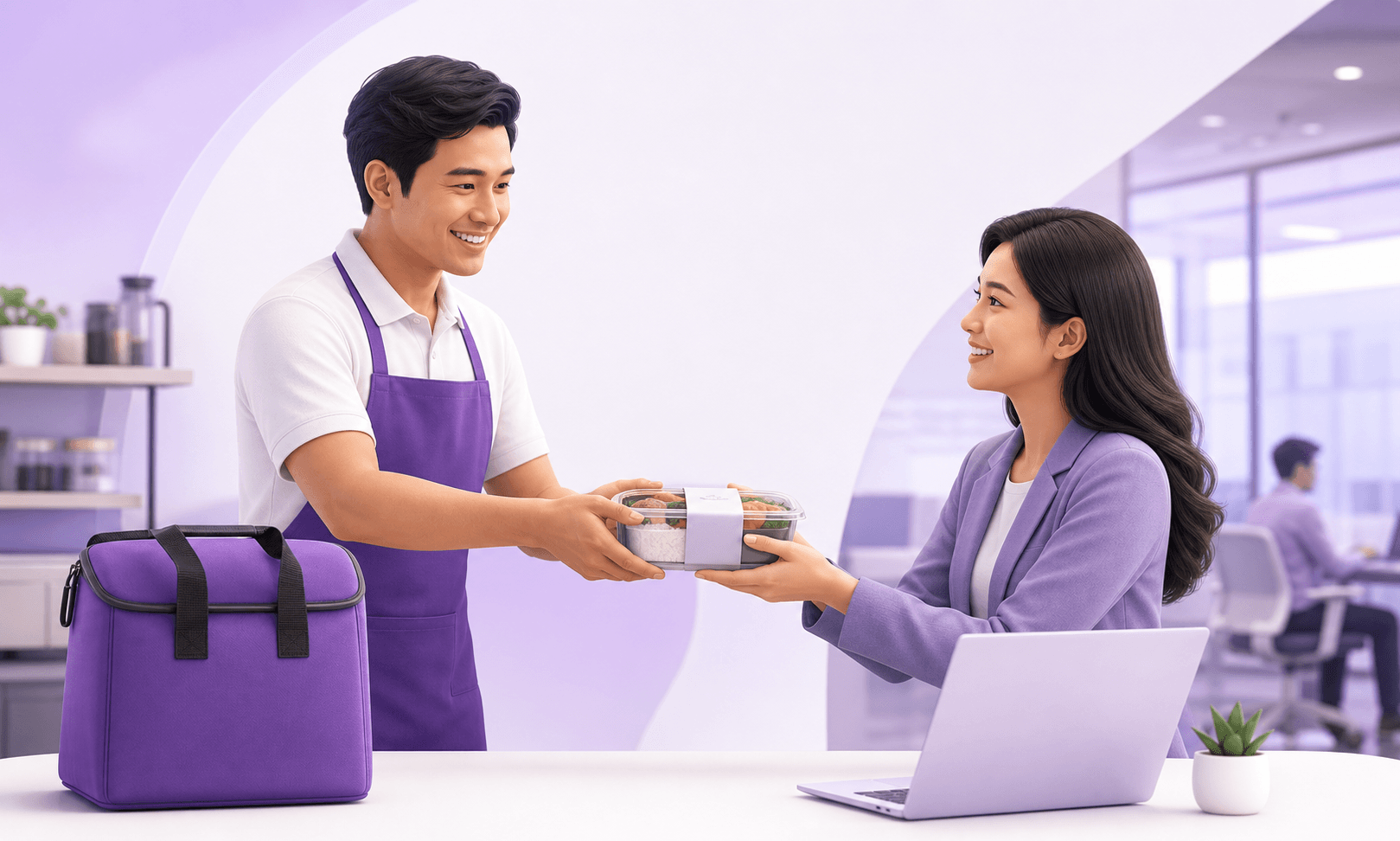 Seller Lapak Employee menyerahkan pesanan makanan kepada karyawan